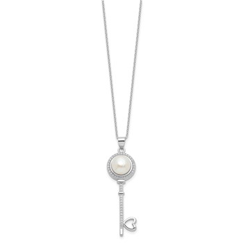 Sterling Silver Rhod-plated Pearl/CZ Key with Heart w/2IN Ext Necklace — alternate view