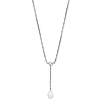 Sterling Silver Rhodium-plated 8-9mm Teardrop Freshwater Cultured Pearl and CZ Drop Dangle 18 inch Necklace — alternate view