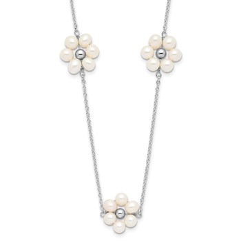 Sterling Silver Rhodium-plated 4-5mm White Semi-Round Freshwater Cultured Pearl Flower 17 inch with 1.75 inch Extension Necklace