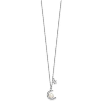 Sterling Silver Rhod-plated CZ and FWC Pearl Moon and Star 18in Necklace — alternate view