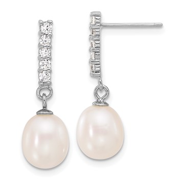 Sterling Silver Rhodium-plated Teardrop Freshwater Cultured Pearl and CZ 17 inch Necklace and Post Earrings Set — alternate view