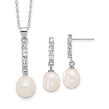 Sterling Silver Rhodium-plated Teardrop Freshwater Cultured Pearl and CZ 17 inch Necklace and Post Earrings Set