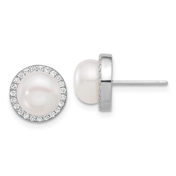 Sterling Silver Rhodium-plated 8-9.5mm White Button Freshwater Cultured Pearl and CZ 17 inch Necklace and Post Earrings Set — alternate view