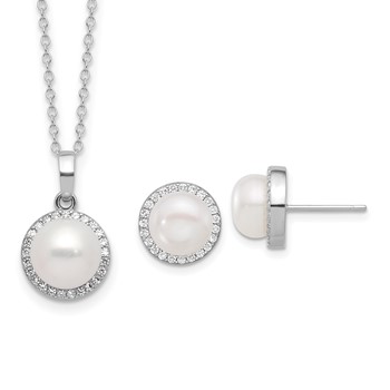 Sterling Silver Rhodium-plated 8-9.5mm White Button Freshwater Cultured Pearl and CZ 17 inch Necklace and Post Earrings Set