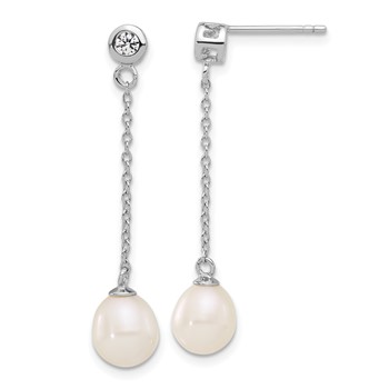 Sterling Silver Rhodium-plated 7-8mm White Teardrop Freshwater Cultured Pearl and CZ 17 inch Necklace and Post Dangle Earrings Set — alternate view