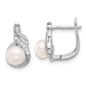 Sterling Silver Rhodium-plated 6-9mm White Button Freshwater Cultured Pearl and CZ 17 inch Necklace and Leverback Earrings Set — alternate view