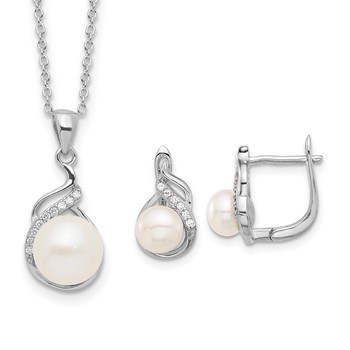 Sterling Silver Rhodium-plated 6-9mm White Button Freshwater Cultured Pearl and CZ 17 inch Necklace and Leverback Earrings Set