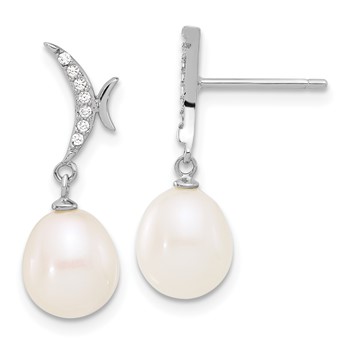 Sterling Silver Rhodium-plated 7-9mm White Teardrop Freshwater Cultured Pearl and CZ 18 inch Necklace and Post Dangle Earrings Set — alternate view