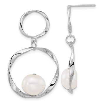 Sterling Silver Rhodium-plated 10-11mm White Button Freshwater Cultured Pearl 15.5 inch with 1.75 inch Necklace and Post Dangle Earrings Set — alternate view