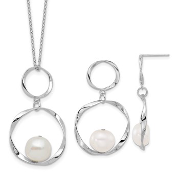 Sterling Silver Rhodium-plated 10-11mm White Button Freshwater Cultured Pearl 15.5 inch with 1.75 inch Necklace and Post Dangle Earrings Set