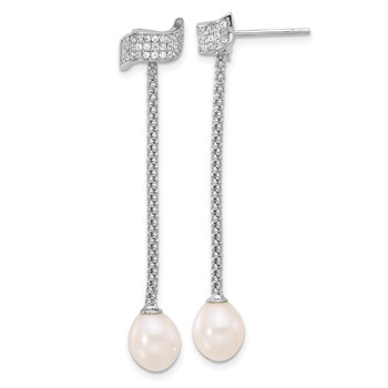 Sterling Silver Rhodium-plated 8-10mm White Teardrop Freshwater Cultured Pearl and CZ 18 inch with 2 inch Extension Necklace and Post Dangle Earrings Set — alternate view