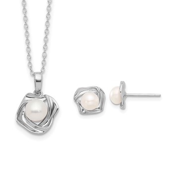 Sterling Silver Rhodium-plated 5-7mm White Button Freshwater Cultured Pearl 18 inch Necklace and Post Earrings Set