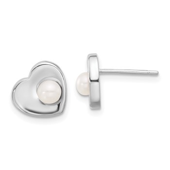 Sterling Silver Rhodium-plated 4-7mm White Button Freshwater Cultured Pearl 17.5 inch Heart Necklace and Post Earrings Set — alternate view