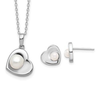 Sterling Silver Rhodium-plated 4-7mm White Button Freshwater Cultured Pearl 17.5 inch Heart Necklace and Post Earrings Set