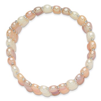 6-7mm Button White/Pink/Peach Freshwater Cultured Pearl and Glass Beaded 3-row Stretch Bracelet — alternate view