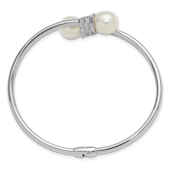 Sterling Silver Rhodium-plated 8-10mm Teardrop White Freshwater Cultured Pearl and CZ Hinged Bangle — alternate view