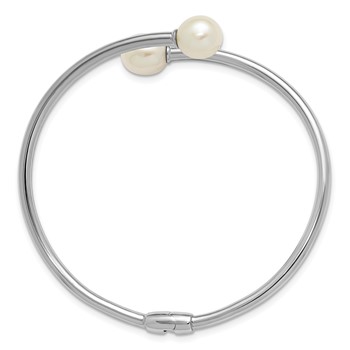 Sterling Silver Rhodium-plated 7-9mm Teardrop White Freshwater Cultured Pearl Hinged Bangle — alternate view