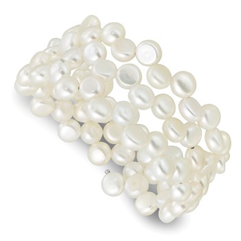 Sterling Silver Rhodium-plated 6-7mm Button White Freshwater Cultured Pearl Flexible Wrap Bracelet