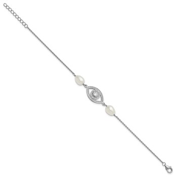 Sterling Silver Rhodium-plated 6-8mm Teardrop White Freshwater Cultured Pearl and CZ Evil Eye 7 inch with 1 inch Extender Bracelet — alternate view