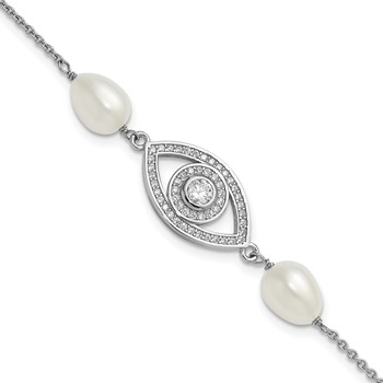 Sterling Silver Rhodium-plated 6-8mm Teardrop White Freshwater Cultured Pearl and CZ Evil Eye 7 inch with 1 inch Extender Bracelet
