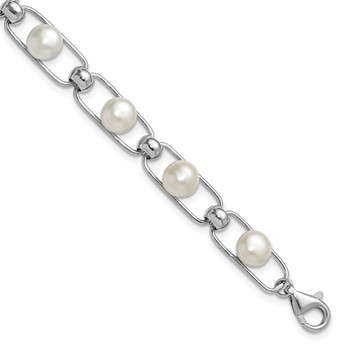 Sterling Silver Rhodium-plated 6-7mm Button White Freshwater Cultured Pearl 6.5 inch with 1 inch Extender Bracelet