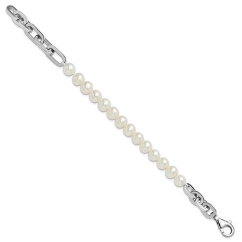 Sterling Silver Rhodium-plated 7-8mm Round White Freshwater Cultured Pearl and Link 8 inch Bracelet — alternate view