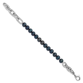 Sterling Silver Rhodium-plated 7-8mm Round Black Freshwater Cultured Pearl and Link 8 inch Bracelet — alternate view
