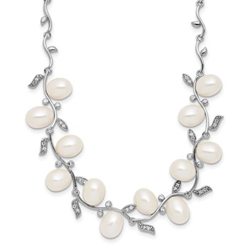Sterling Silver Rhodium-plated 6-8mm Teardrop White Freshwater Cultured Pearl and CZ Leaf 17 inch Necklace