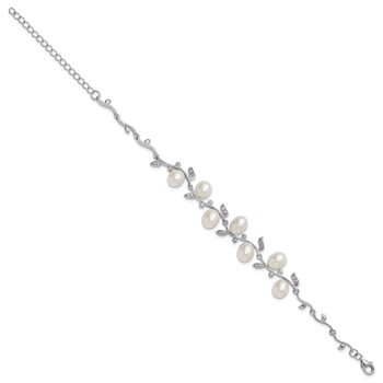 Sterling Silver Rhodium-plated 6-8mm Teardrop White Freshwater Cultured Pearl and CZ Leaf 7 inch with 1 inch Extender Bracelet — alternate view