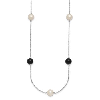 Sterling Silver Rhodium-plated 8-9mm Round White Freshwater Cultured Pearl and Onyx 7-Station 18 inch Necklace — alternate view