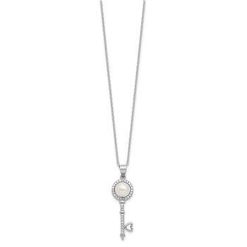 Sterling Silver Rhodium-plated 7-8mm Button White Freshwater Cultured Pearl and CZ Key 17 inch Necklace — alternate view