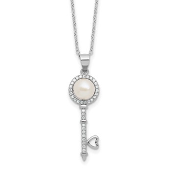 Sterling Silver Rhodium-plated 7-8mm Button White Freshwater Cultured Pearl and CZ Key 17 inch Necklace