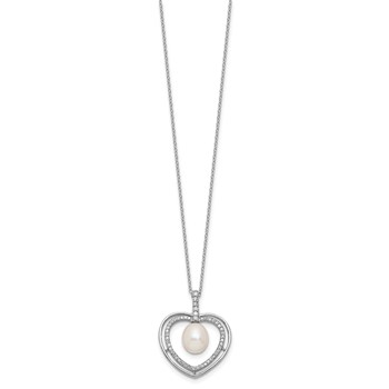 Sterling Silver Rhodium-plated 8-9mm Rice White Freshwater Cultured Pearl and CZ Open Heart 17 inch Necklace — alternate view