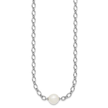 Sterling Silver Rhodium-plated 12-13mm Semi-Round White Freshwater Cultured Pearl Center and Open Link Cable Chain 18 inch Necklace — alternate view