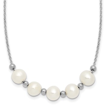 Sterling Silver Rhodium-plated 7-8mm Semi-Round White Freshwater Cultured Pearl and Beads 16 inch with 2 inch Extender Necklace