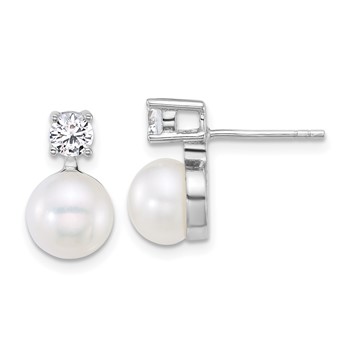 Sterling Silver Rhodium-plated 7-9mm Button White Freshwater Cultured Pearl and CZ 17 inch Necklace and Post Earring Set — alternate view