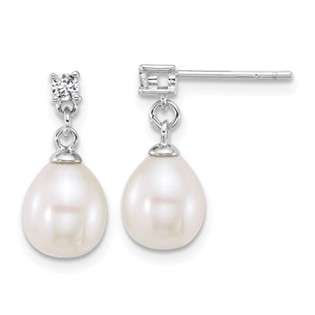 Sterling Silver Rhodium-plated 7-9mm Teardrop White Freshwater Cultured Pearl and CZ 17 inch Necklace and Dangle Post Earring Set — alternate view
