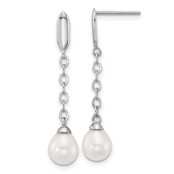 Sterling Silver Rhodium-plated 6-9mm Teardrop White Freshwater Cultured Pearl 16 inch Y-Necklace and Chain Dangle Post Earring Set — alternate view