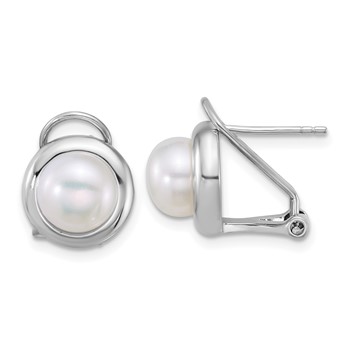 Sterling Silver Rhodium-plated 8-10mm Button White Freshwater Cultured Pearl 17 inch Necklace and Omega Back Earring Set — alternate view
