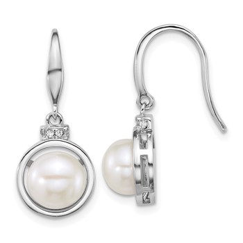 Sterling Silver Rhodium-plated 8-10mm Button White Freshwater Cultured Pearl and CZ 17 inch Necklace and Dangle Shepherd Hook Earring Set — alternate view