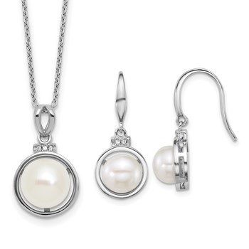 Sterling Silver Rhodium-plated 8-10mm Button White Freshwater Cultured Pearl and CZ 17 inch Necklace and Dangle Shepherd Hook Earring Set