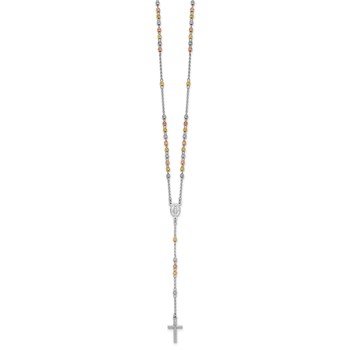 Sterling Silver Rhodium-plated Diamond-cut Tri-color Gold-plated 18.5 inch with 1 inch extender Rosary Necklace — alternate view