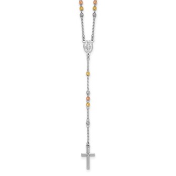 Sterling Silver Rhodium-plated Diamond-cut Tri-color Gold-plated 18.5 inch with 1 inch extender Rosary Necklace