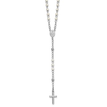 Sterling Silver Rhodium-plated Plastic Imitation Pearl 19.75 inch with 1 inch extender Rosary Necklace