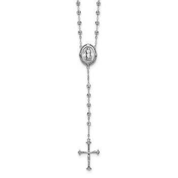 Sterling Silver Rhodium-plated CZ Diamond-cut Beaded 18 inch Rosary Necklace