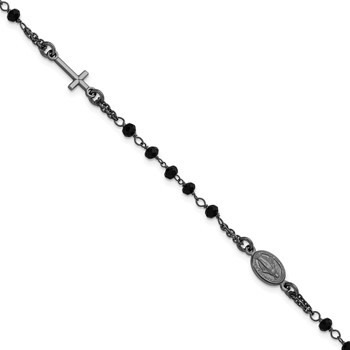 Sterling Silver Black Rhodium-plated Crystal 7 inch with 0.75 inch extender Rosary Themed Bracelet
