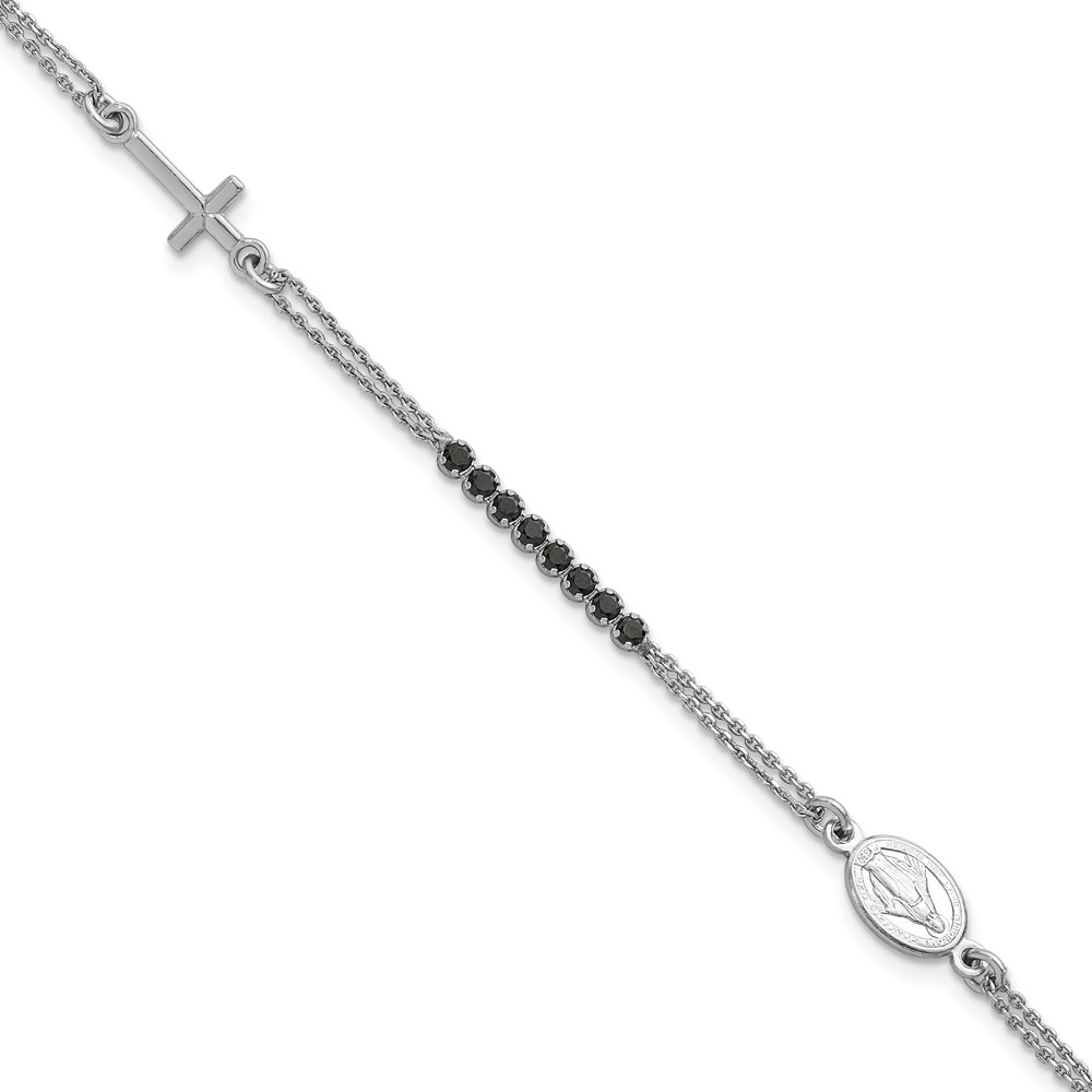 Sterling Silver RH-plat Polished Blk CZ w/1.25in ext. Religious Bracelet