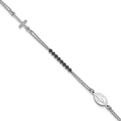 Sterling Silver RH-plat Polished Blk CZ w/1.25in ext. Religious Bracelet