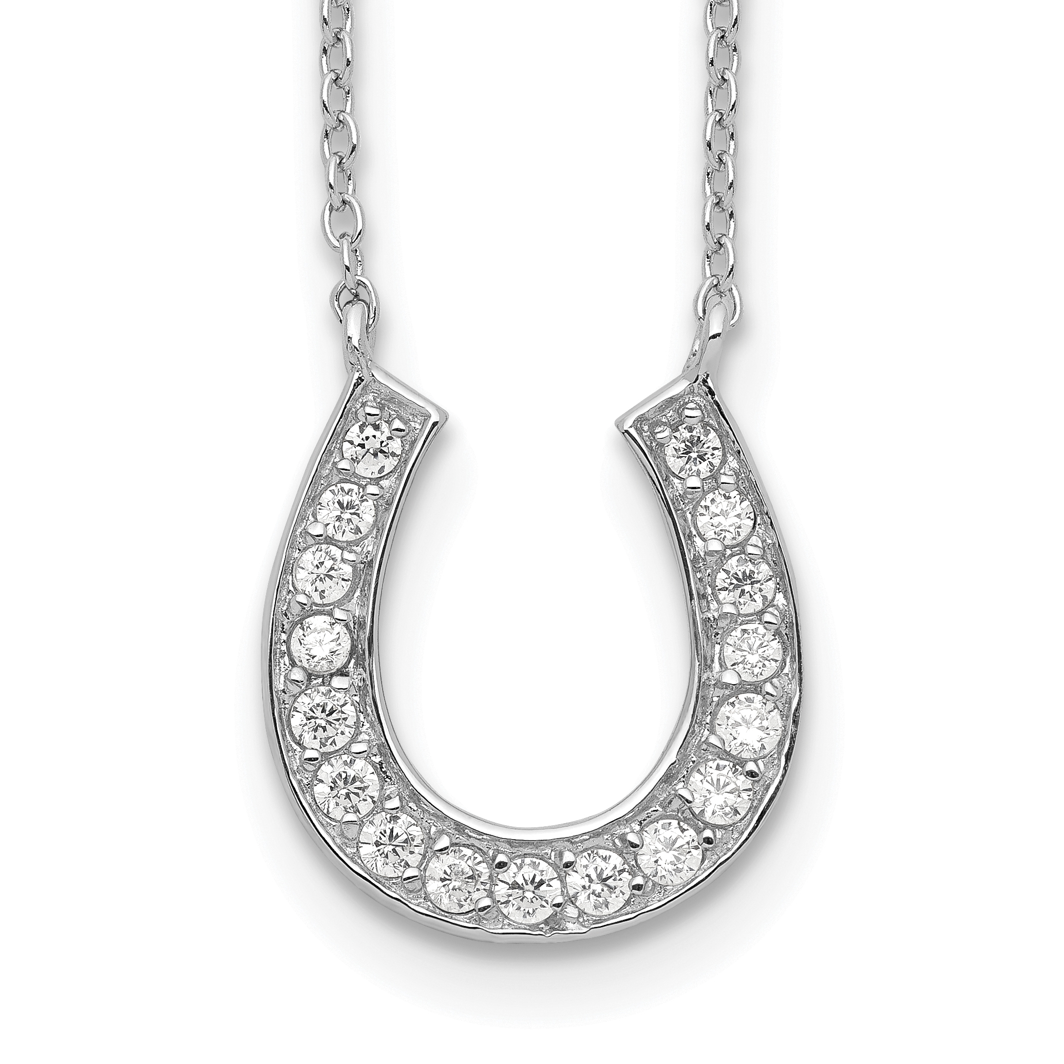 Sterling Silver Rhodium-plated 16in w/2in ext CZ Horseshoe