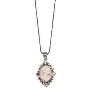 Sterling Silver Antiqued Pink Resin Cameo with Crystal Necklace — alternate view